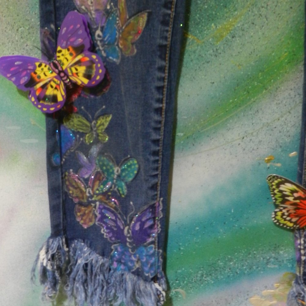 OOAK Metamorphosis butterfly statement jeans hand painted artisan denim SMALL - Picture 12 of 16